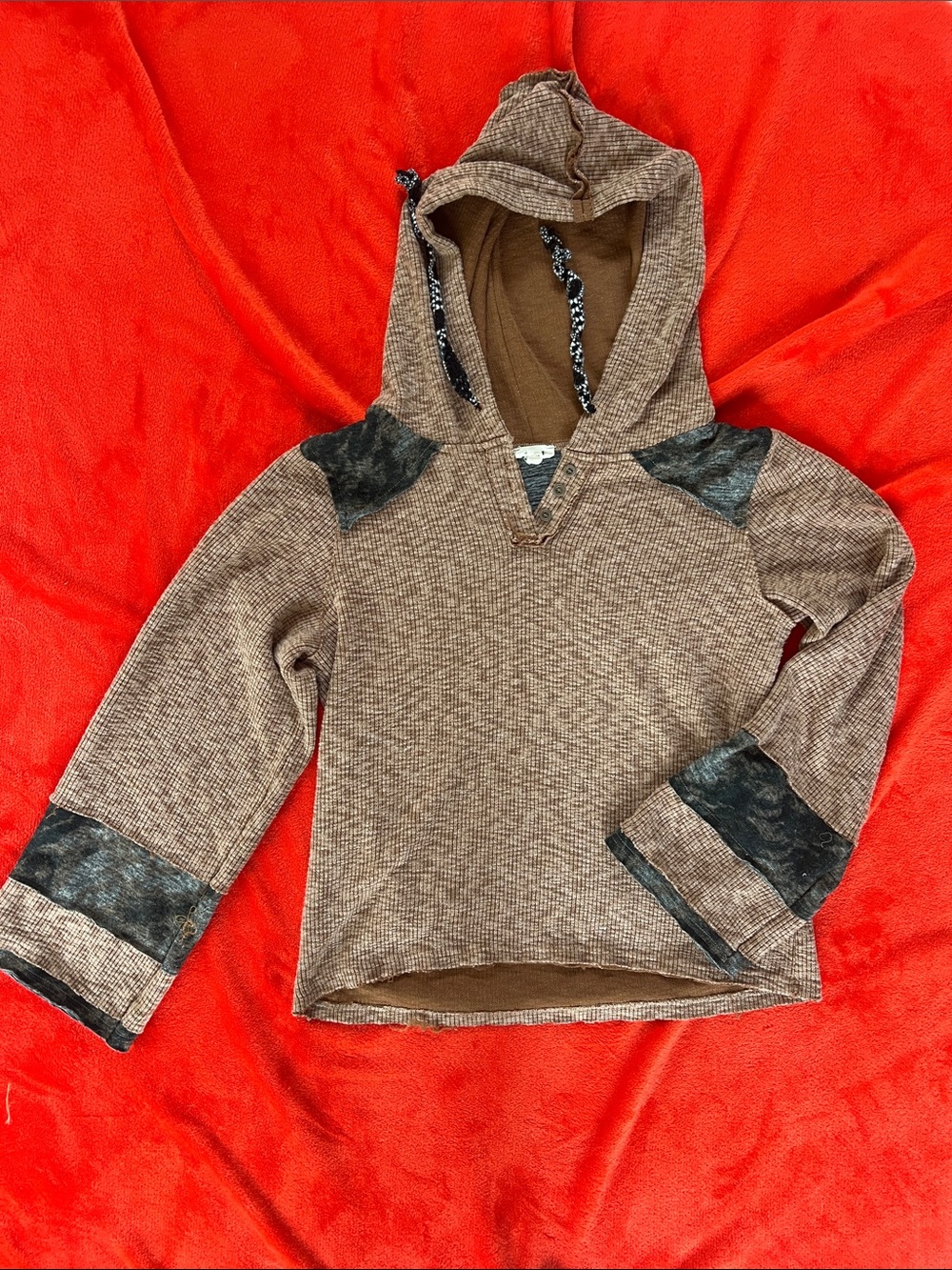 POL Brown Hooded Long-Sleeve Pullover with Dark Patch Accents